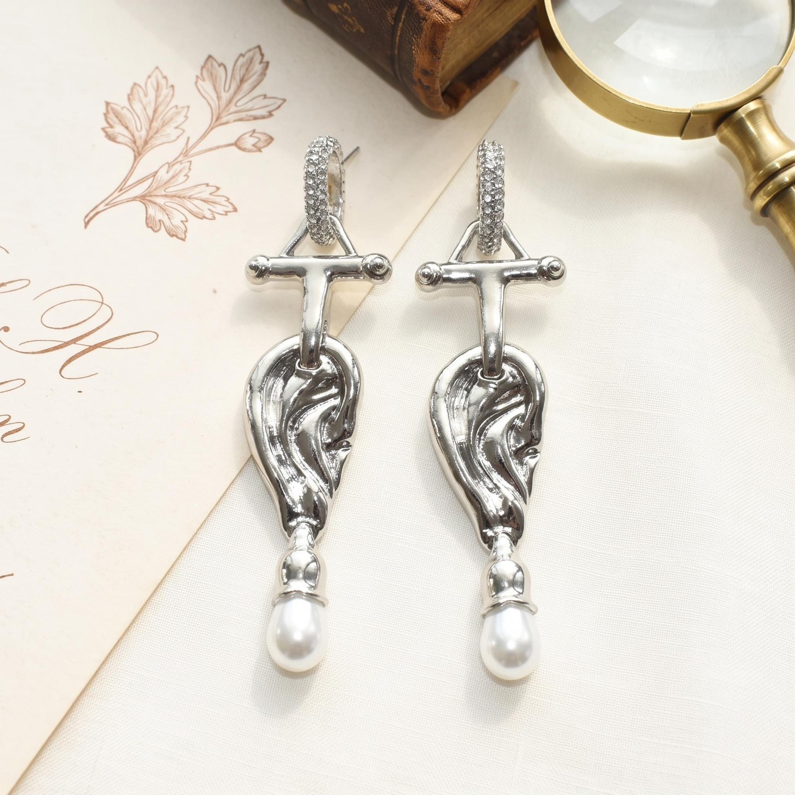 Surreal Ear Charm Earrings, Schiaparelli Pearl Drop Dangle,Avant Garde Anatomy