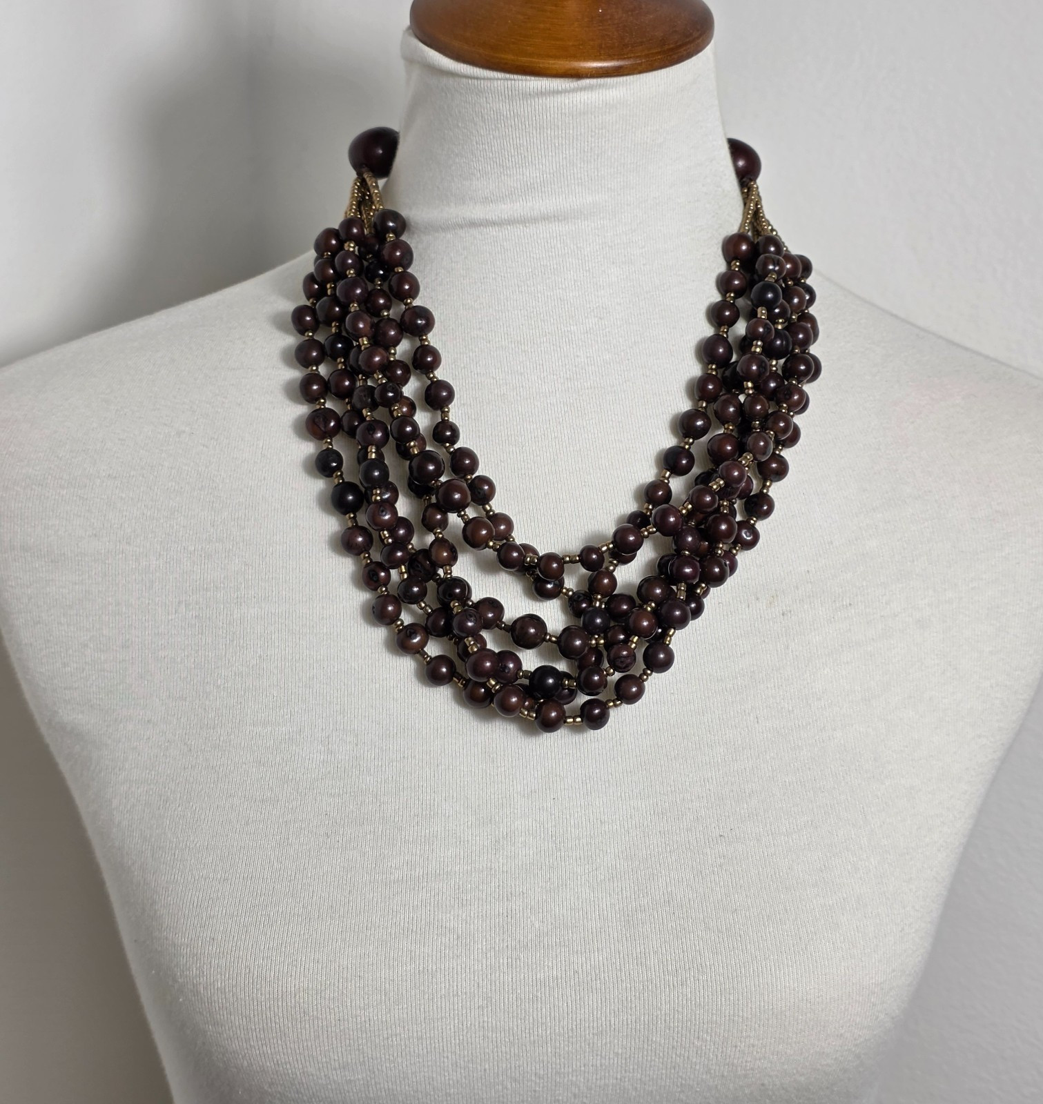 Multi-Strand Brown Acai Seed Bead Necklace with Gold Seed Bead Spacers