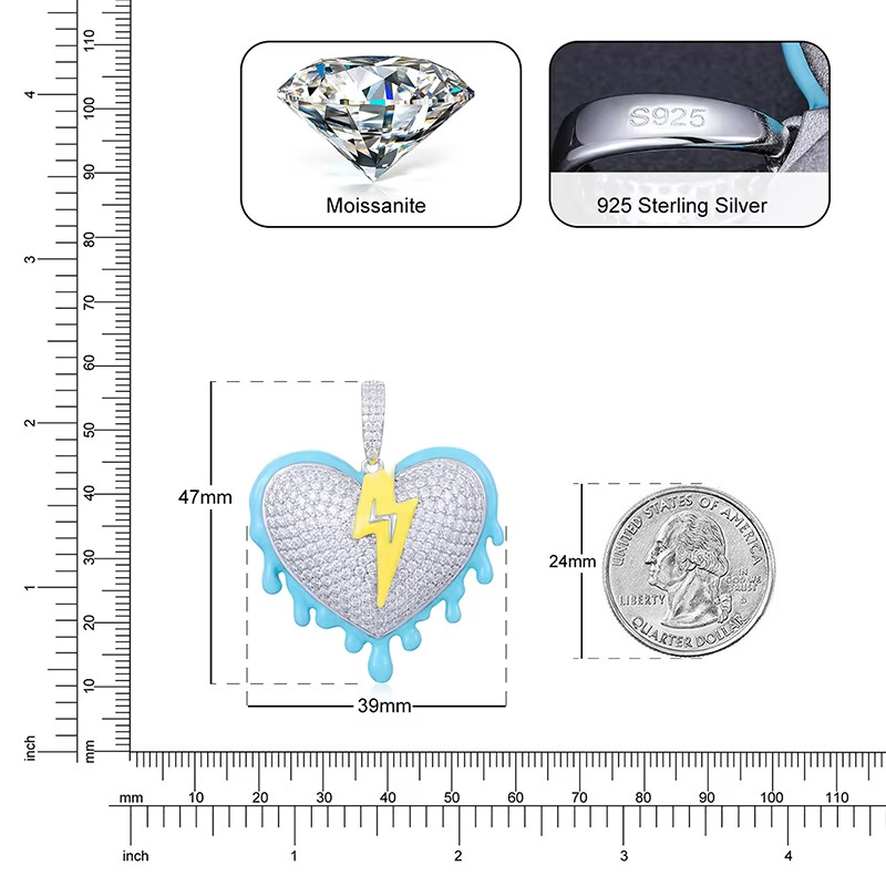 Glow in Dark Heart Moissanite Pendant VVS 925 Silver Iced Out Lightning Hip Hop