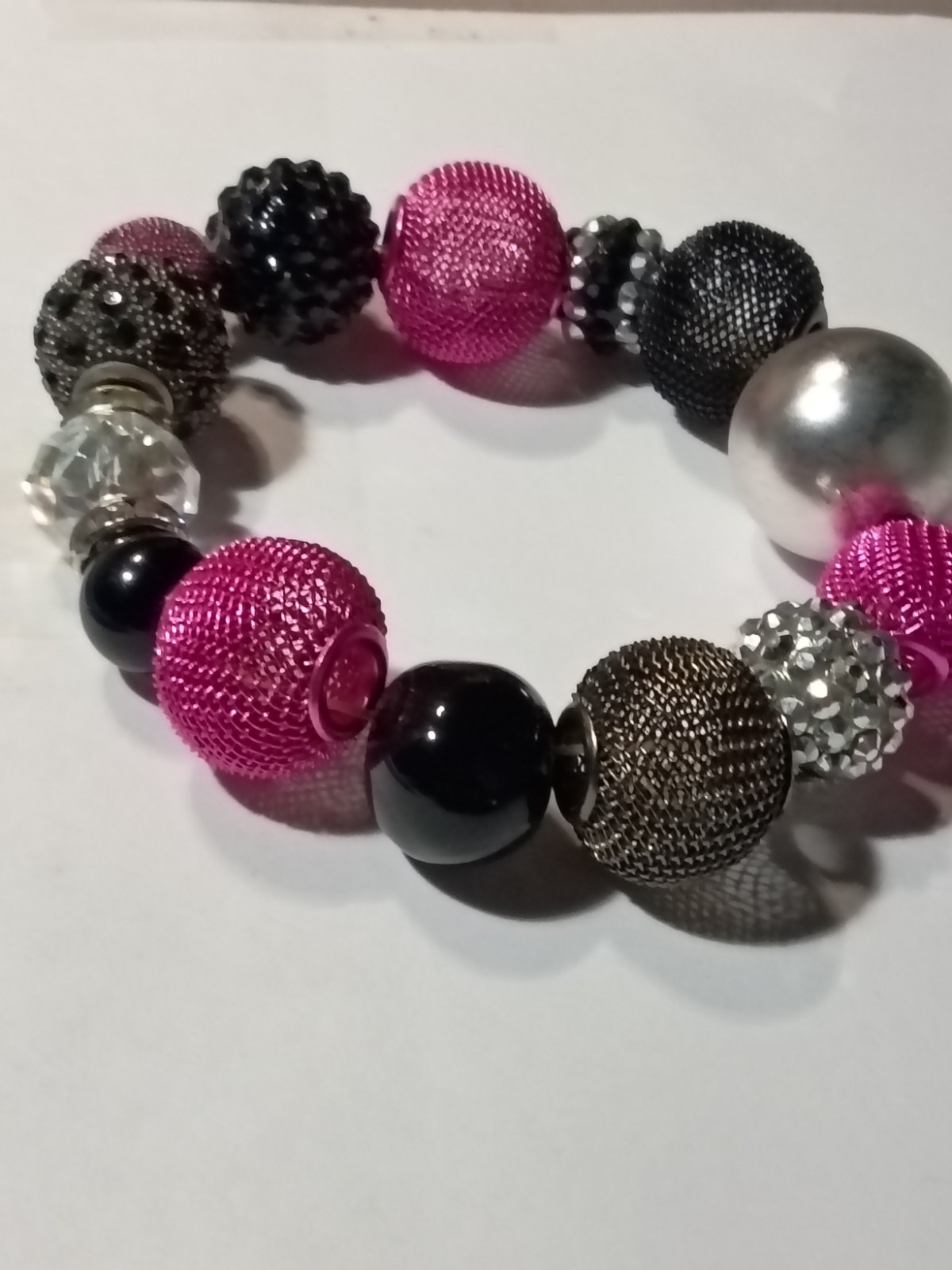Pink Black Silver Tone Beaded Stretch Bracelet Clear Round Crystal Rhinestone
