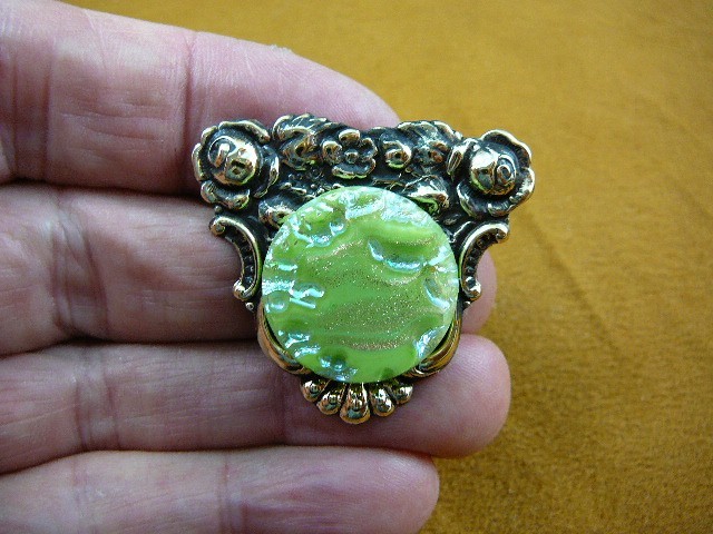 (Z18-23) iridescent lime green gold textured Czech glass button rose pin brooch