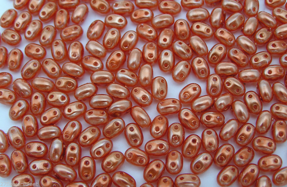 600 Czech Duo / Twin Seed Beads 2.5x5mm Orangy Coral Pearl color with 2 holes