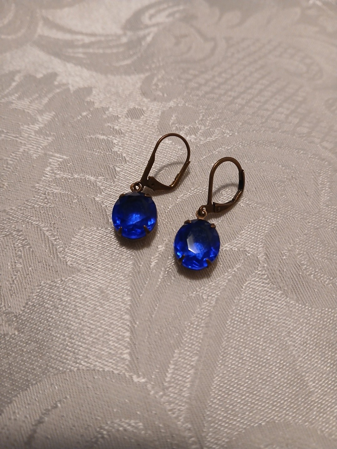Vintage Cobalt Blue Faceted Glass Dangle Earrings, Brass Metal Prong, 1″