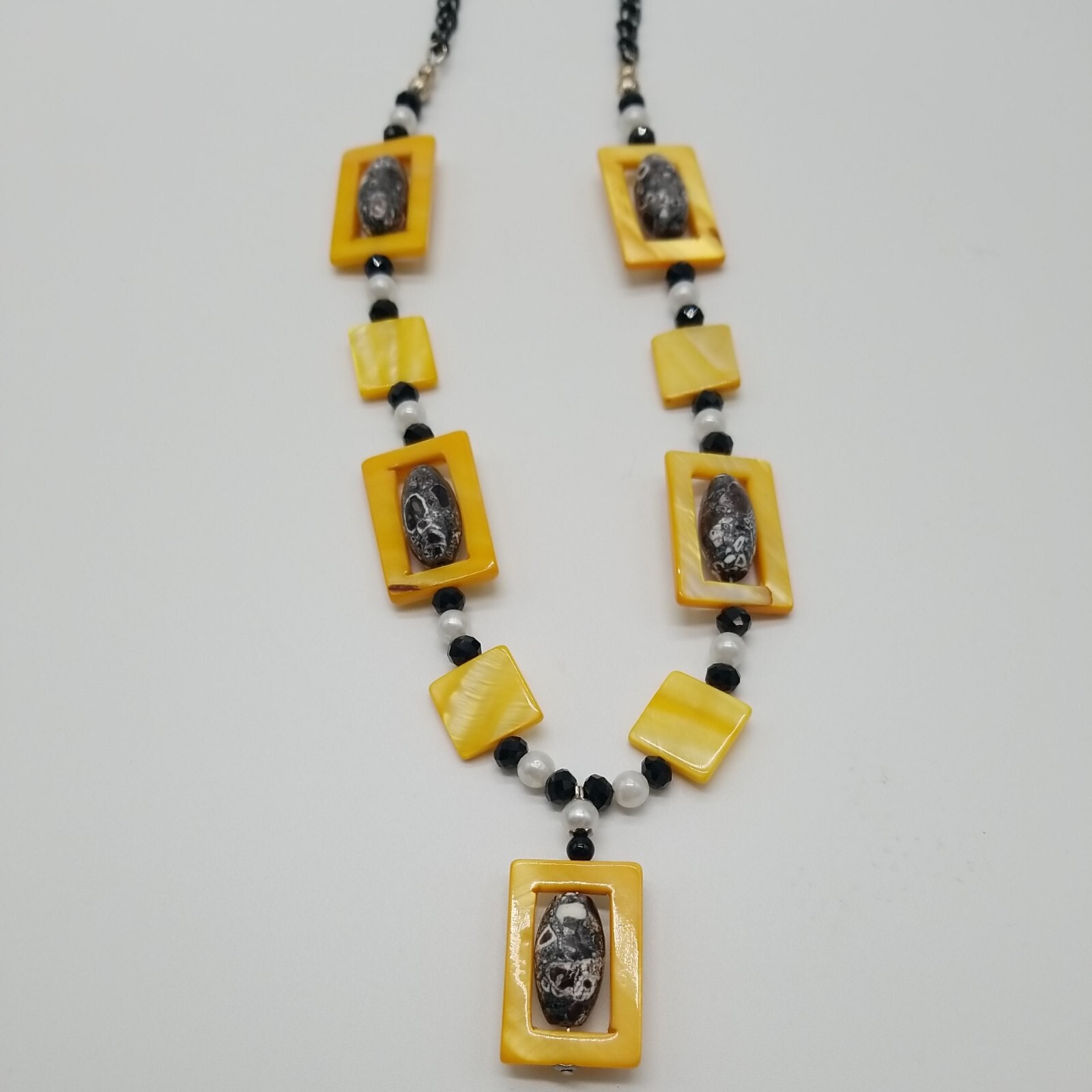 Vintage Square Beaded Yellow Black Gray Bohemian Style Necklace