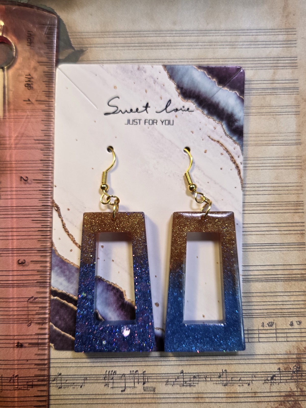 Blue & Gold Glitter Resin Rectangle Frame Dangle Earrings Ombre Effect 3 inch