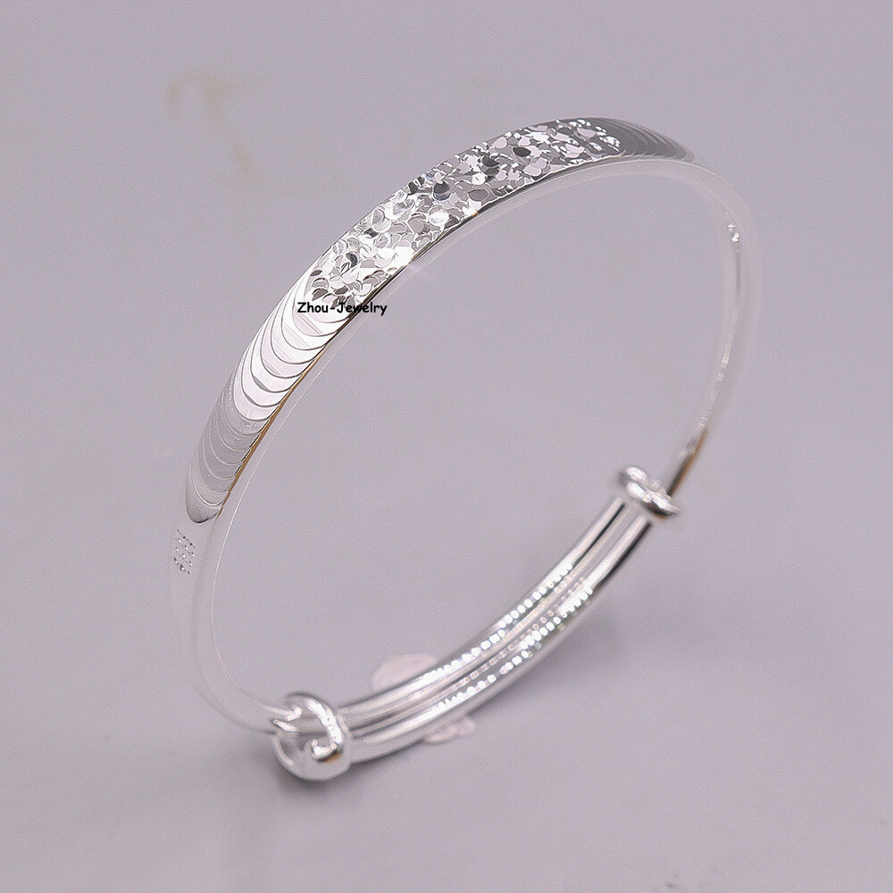 Real S999 Fine Silver 999 Women 6.5mm Lucky Laser Figure Bangle 25-26g 55-61mm