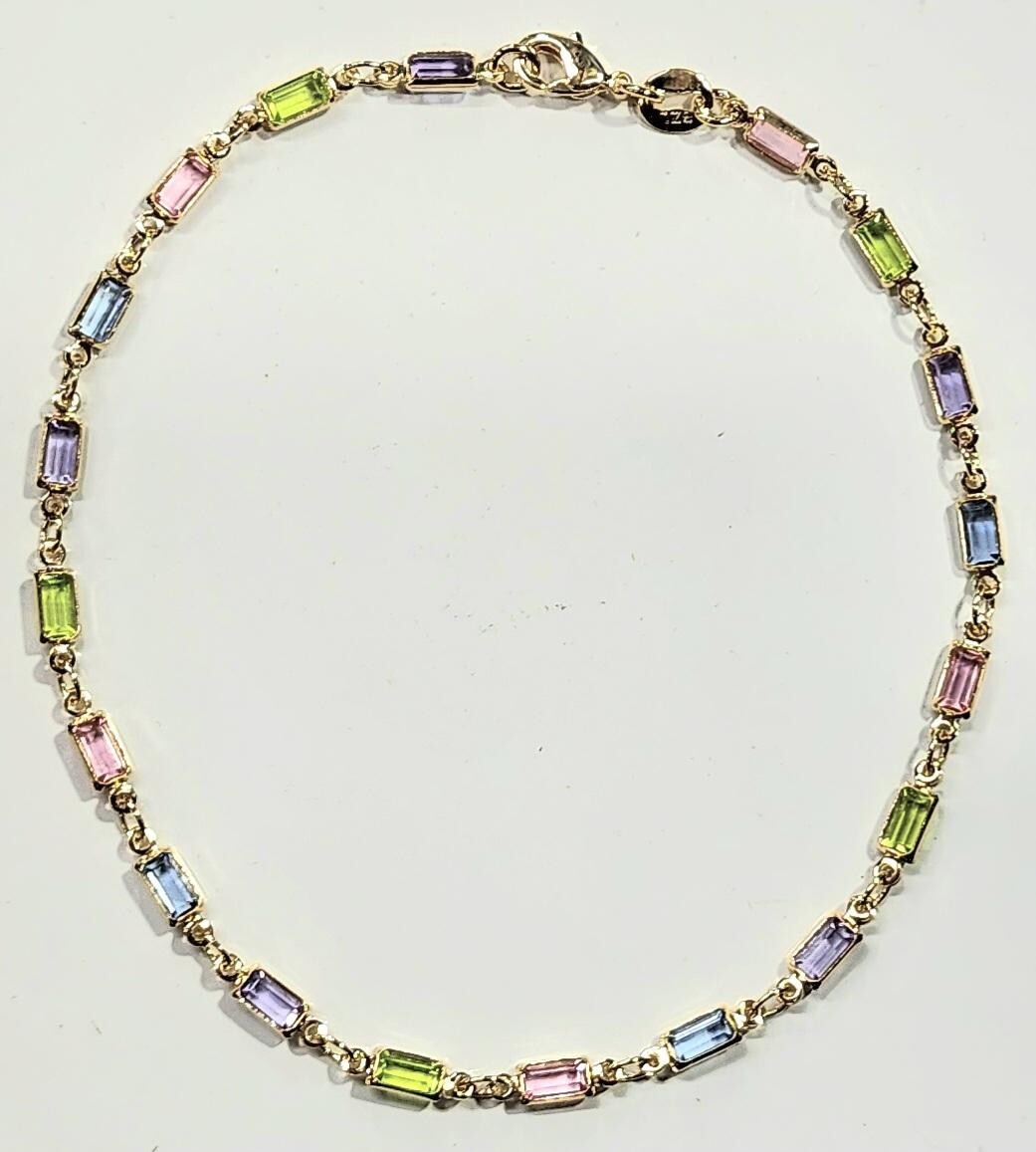 18k Gold Filled Thin Rectangle Bracelet Light Multi Color Stones 7.5 inch Long