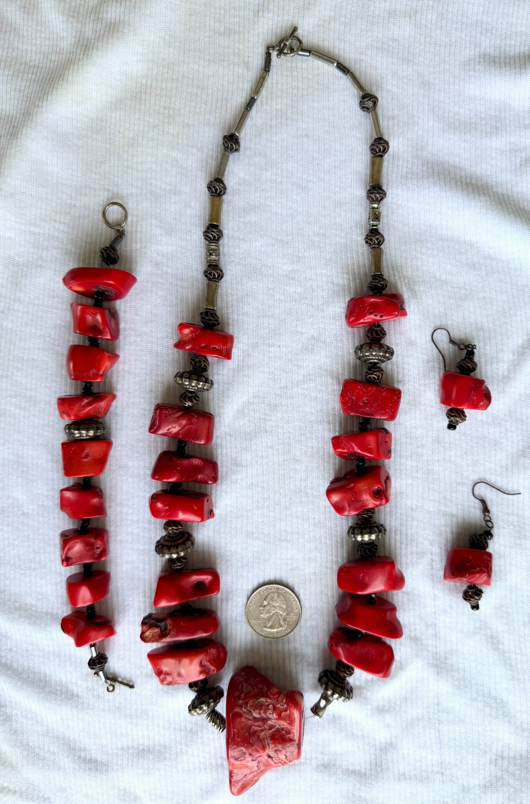 Vintage Chunky Red Bamboo Coral Style Necklace, Bracelet & Earrings-Large Boho