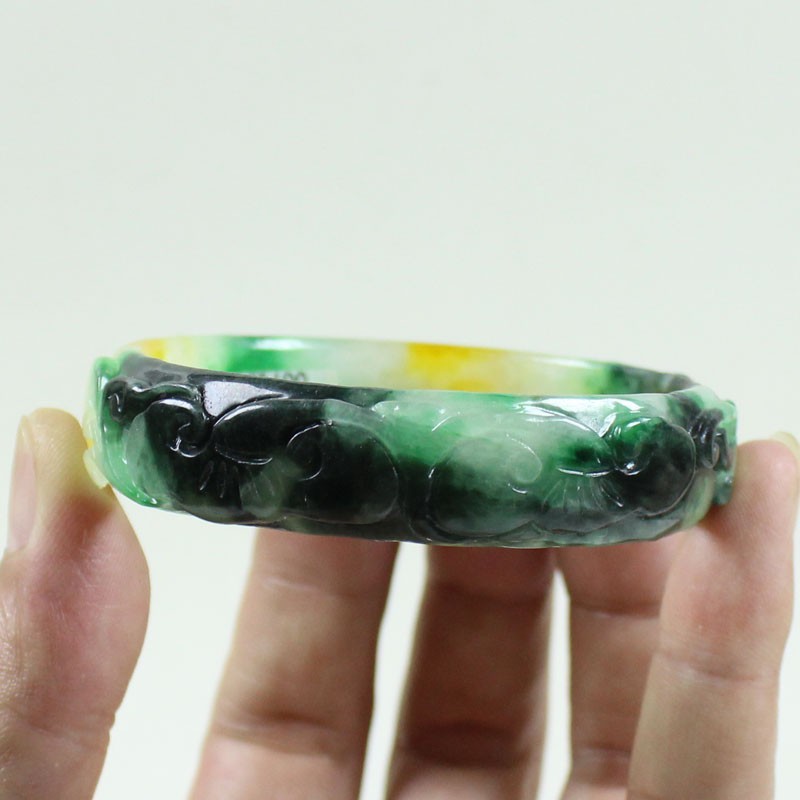 61mm Real Natural Ice Multicolor Burmese Jade jadeite Carving Bracelet Bangle