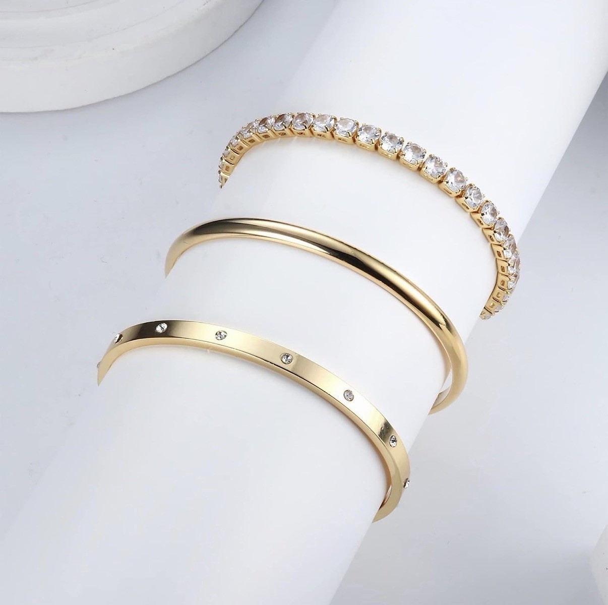 14K Gold Bracelet Set for Women, Bangle Cuff Tennis Style