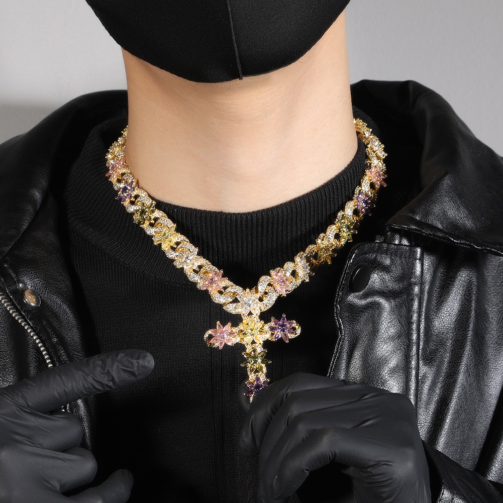 Bling Rainbow Colored CZ Floral Cross Necklace Heavy Gold Plated Hip-hop Chain