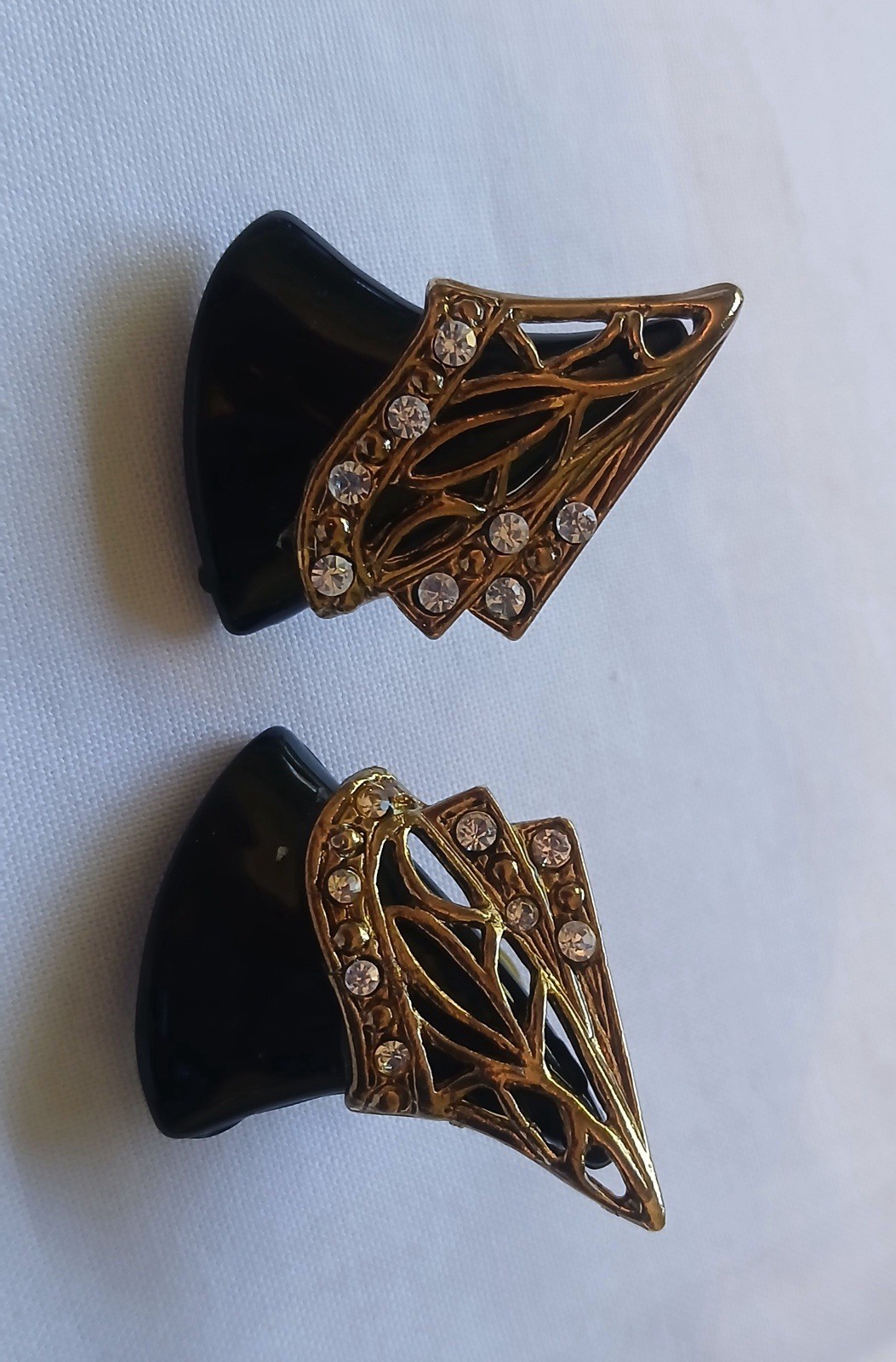 Vintage ART Deco Style Black & Gold Tone Rhinestone Set Earrings & Brooch