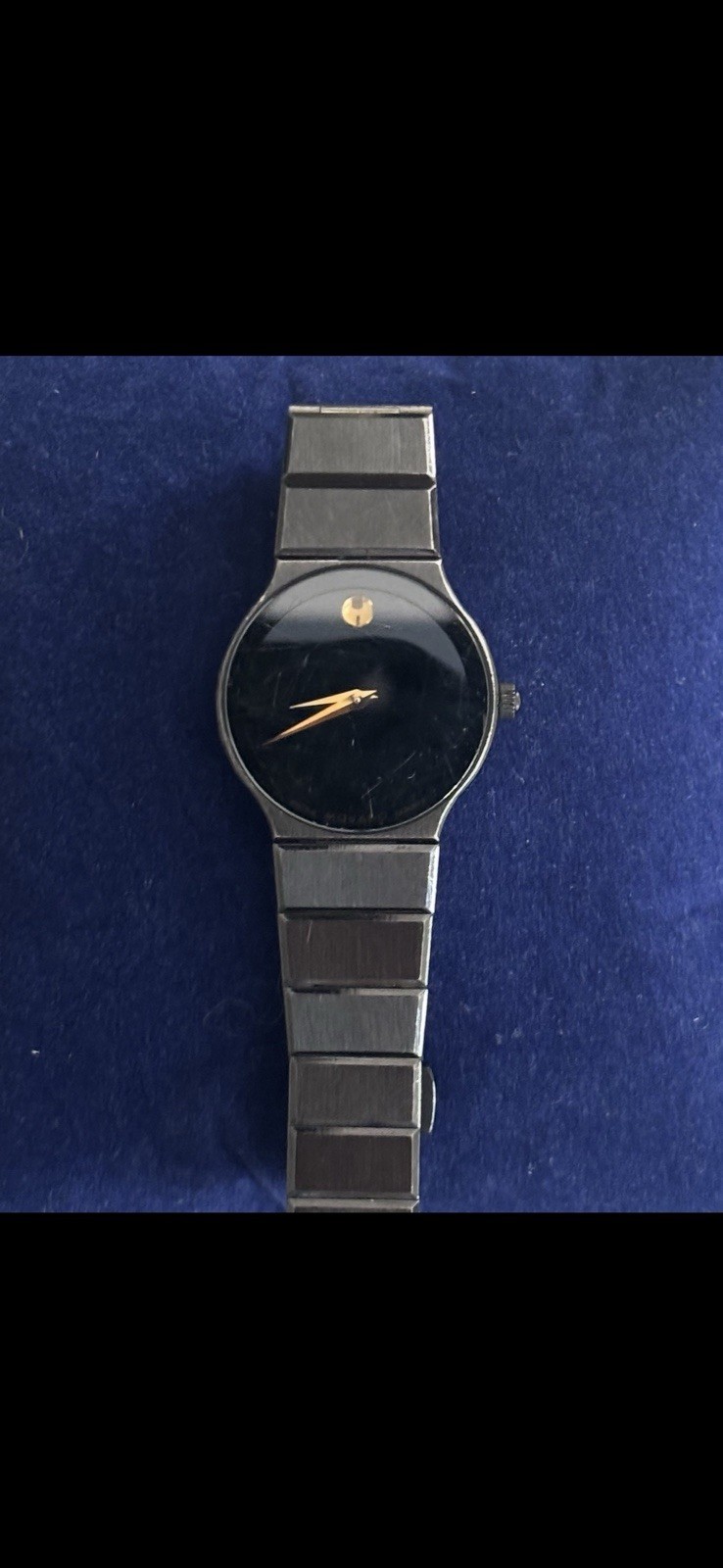 Ladies Vintage Movado Museum Swiss Made Quartz Watch Black Dial Metal Bracelet