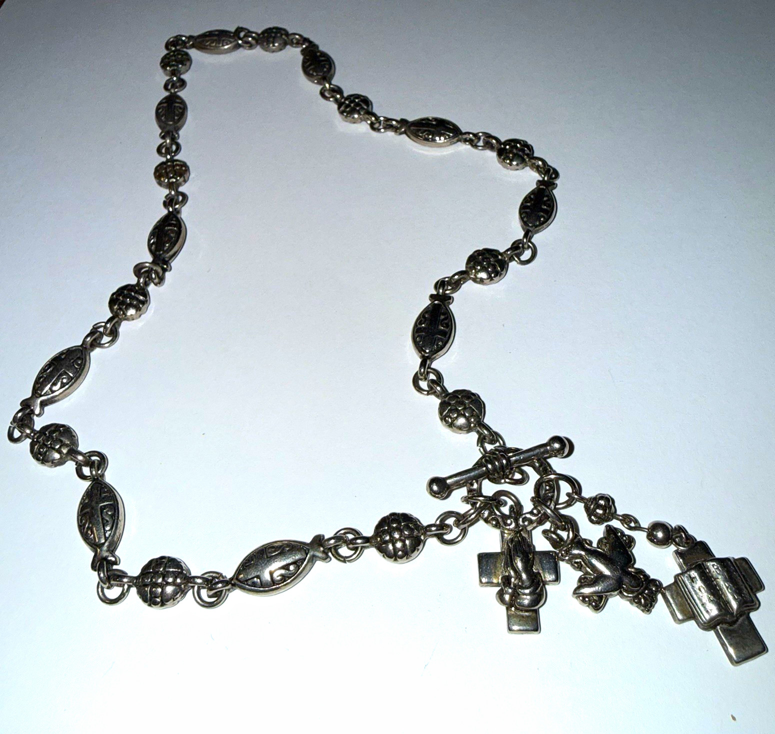 Silver Tone Toggle Link Chain Necklace | Religious Cross & Dove Charm Dangles