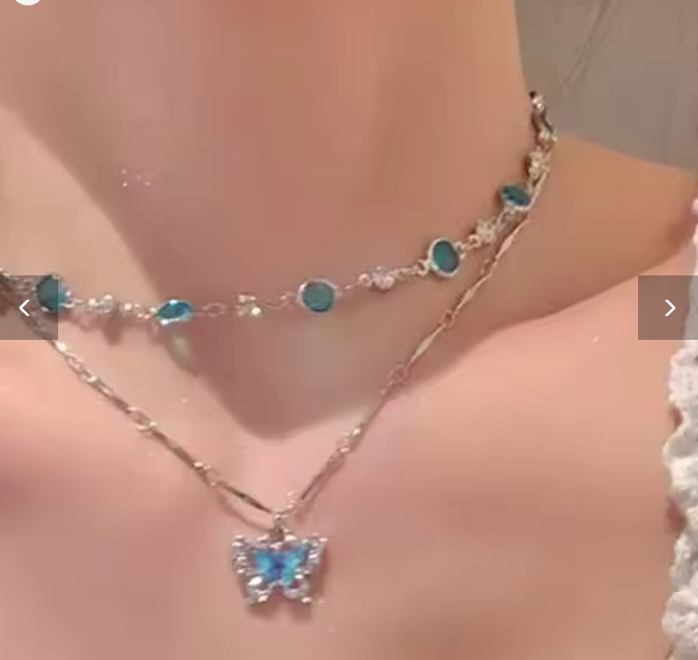 Romantic Blue Crystal Butterfly Necklace For Women Girls Simple Shiny Zircon Two