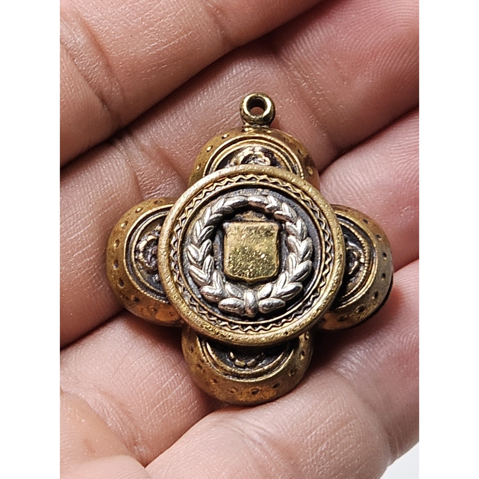 Antique Art Deco Bronze Shield Emblem Pendant *Missing Jump Ring*