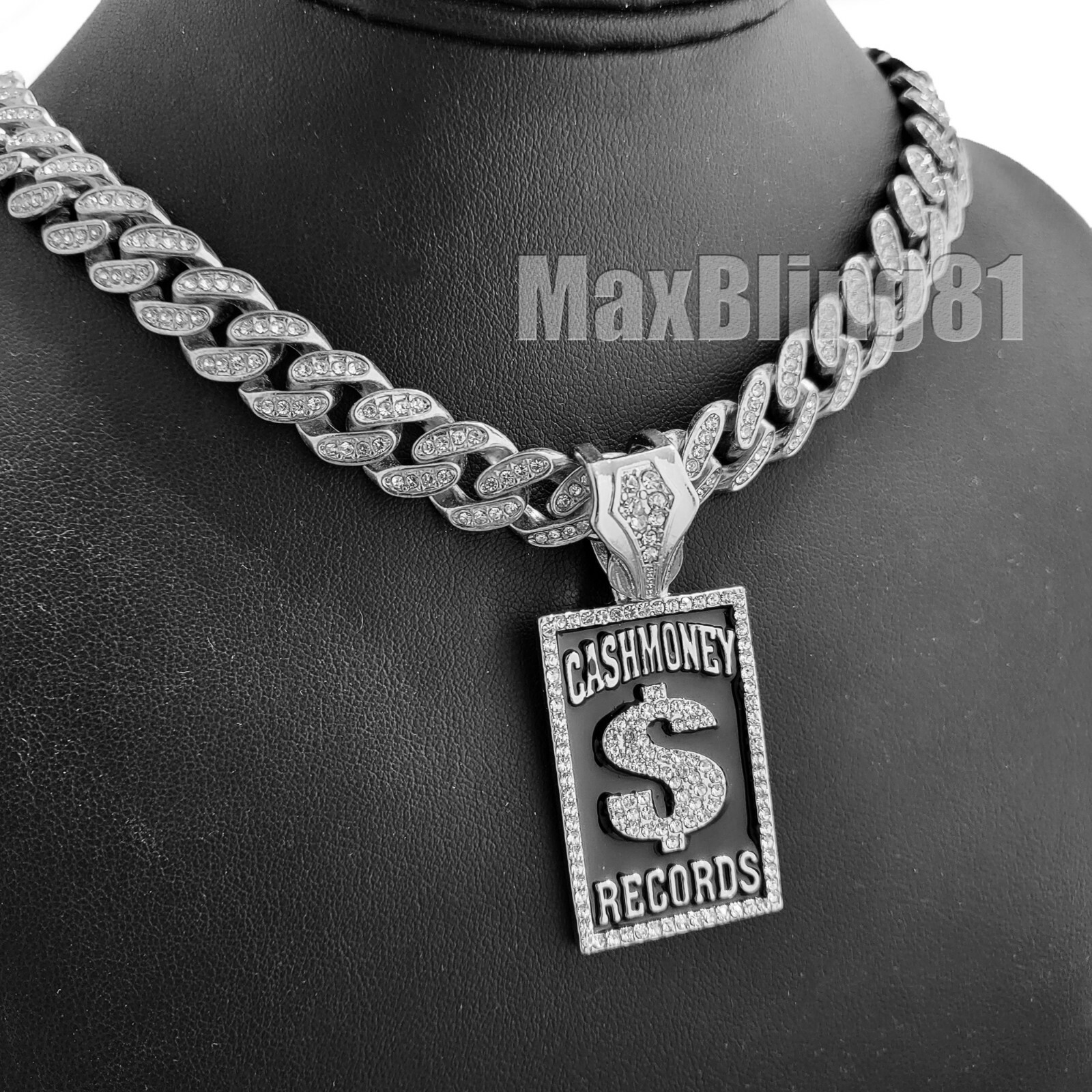 Silver PT CASHMONEY RECORDS & 16″ 18″ 20″ 24″ Iced Cuban Box Lock Chain Necklace