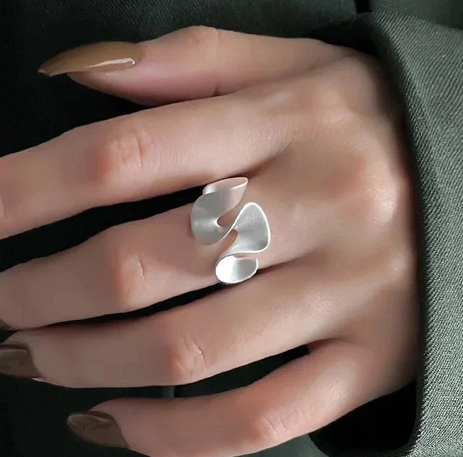 925 Sterling Silver Wave Flower Ring Women Open Minimalist Plant Classic Jewelry