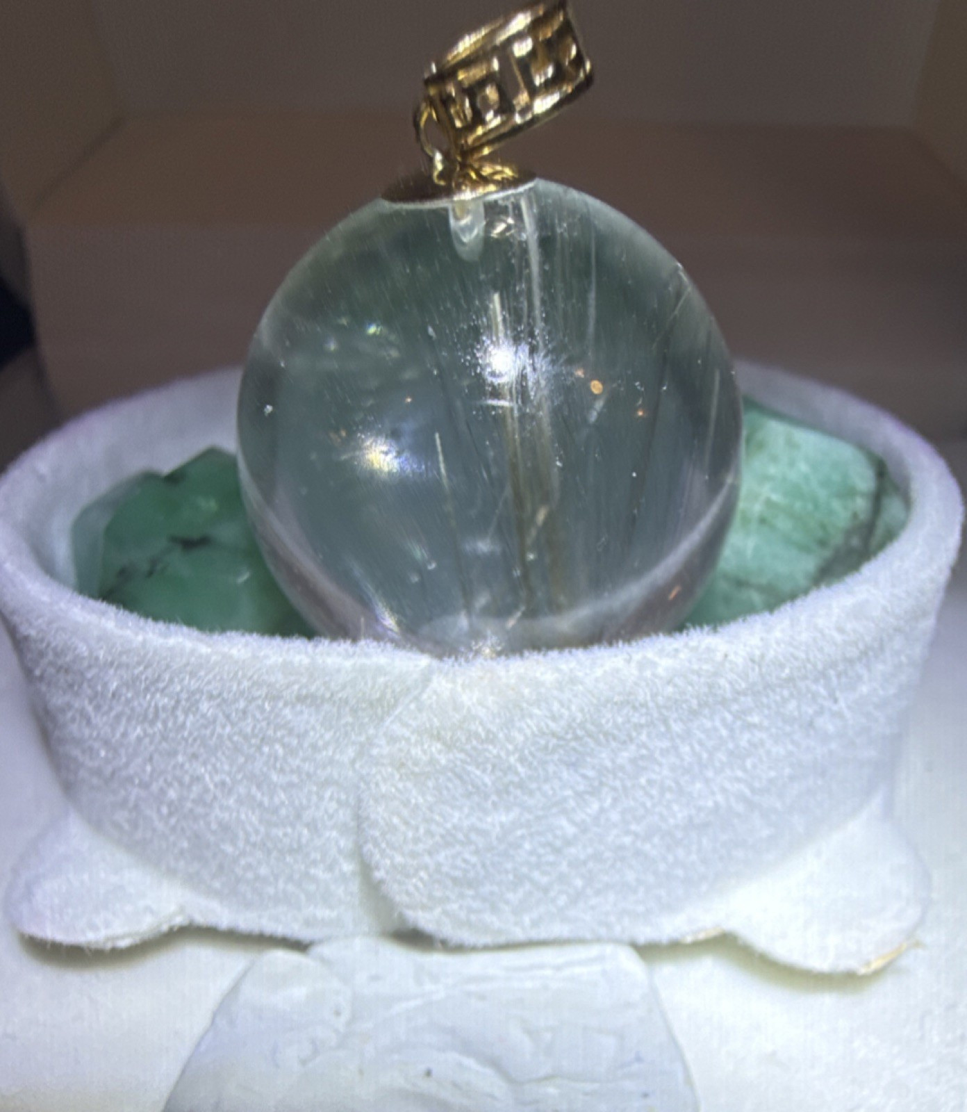 Clear Quartz With Silver Rutile Sphere Charm Pendant with 18k Gold Bail