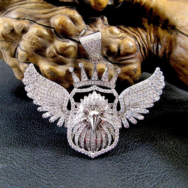 2.60Ct Round Cut Real Moissanite Crown Eagle Pendant 14K White Gold Plated