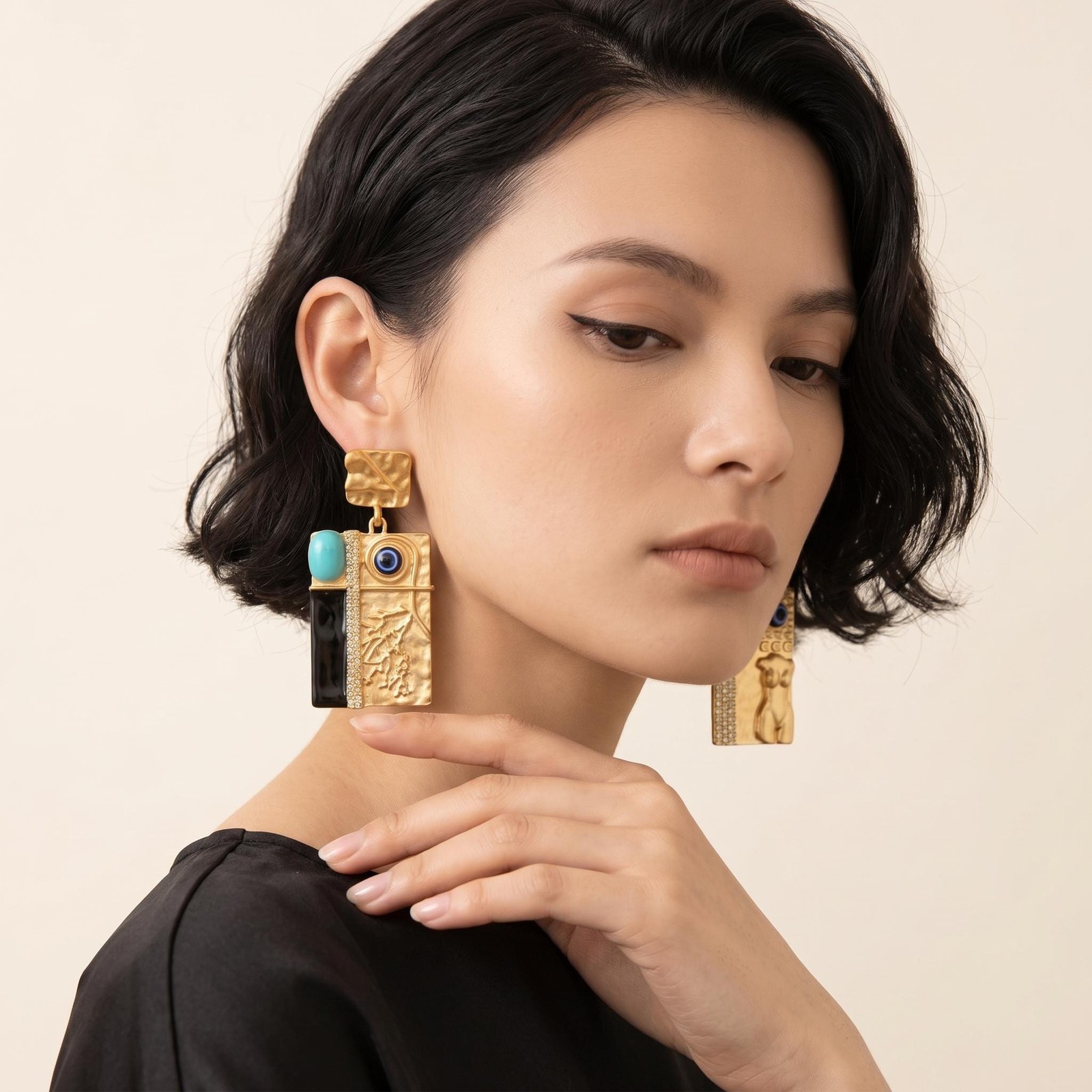 Gold Evil Eye Earrings, Schiaparelli Figural Cameo, Surrealist Geometric Relief