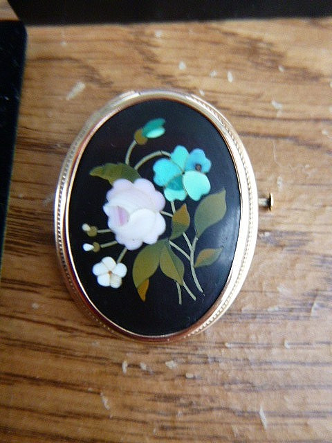 Antique Victorian PIETRA DURA Micro mosaic Pin PENDANT 12K Gold Flower Italy Box