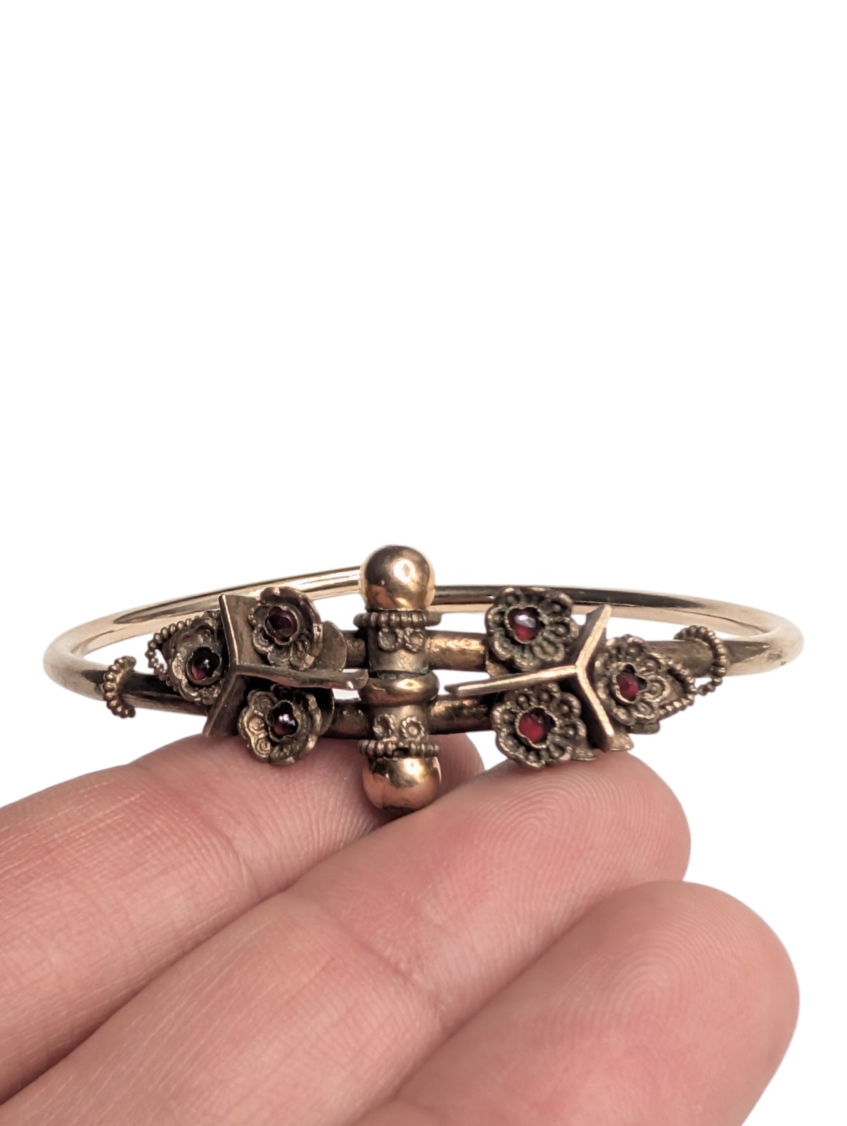 Victorian Antique Gold Filled Bohemian Rose Cut Garnet Glass Hinge Bracelet Read