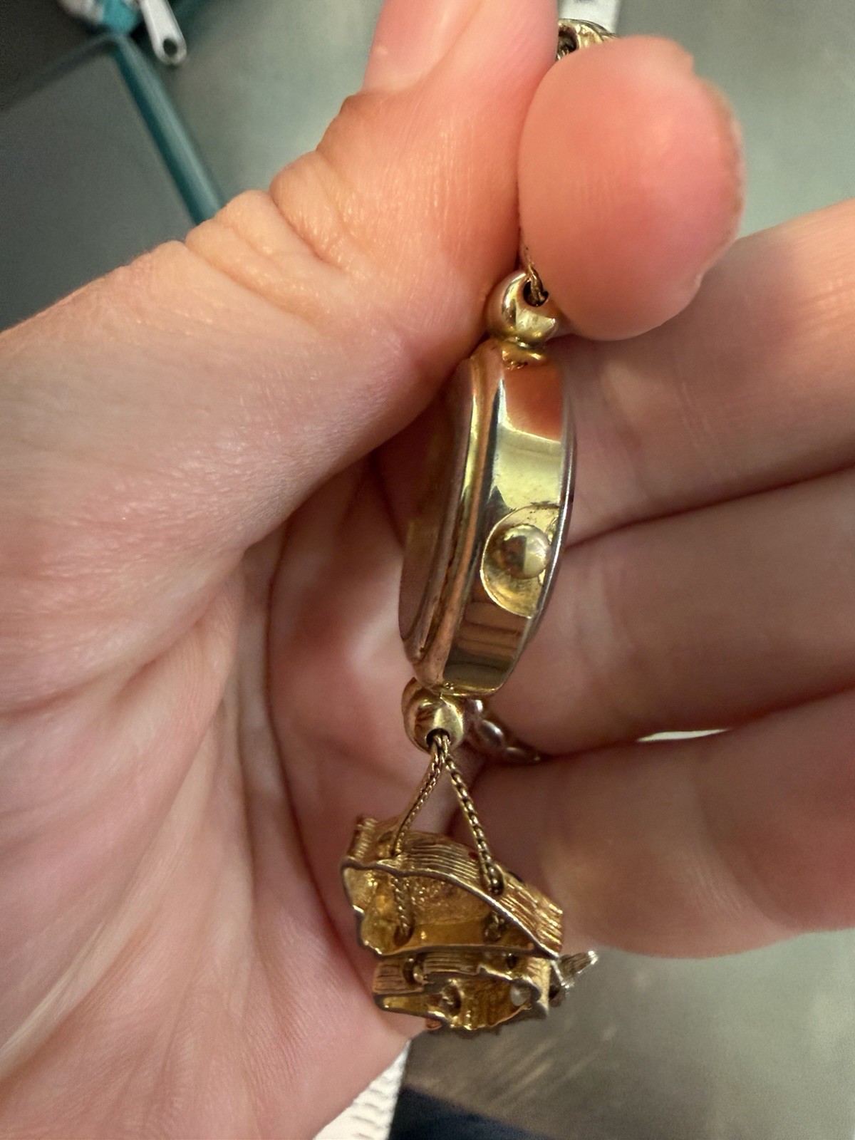 Gold-Toned Quartz Watch Slide Bracelet w/Travel Themed Painted Charms
