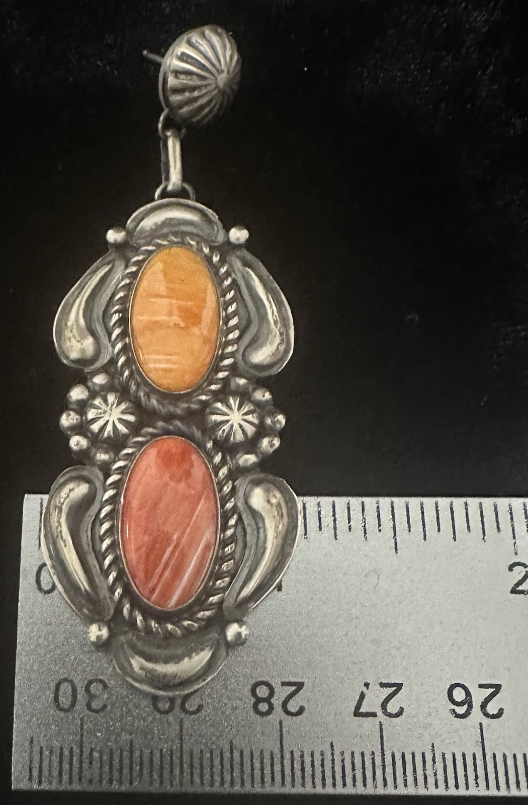 Navajo Jeff James Jr JJJ Sterling Silver Spiny Oyster Dangle Post Earrings 3″