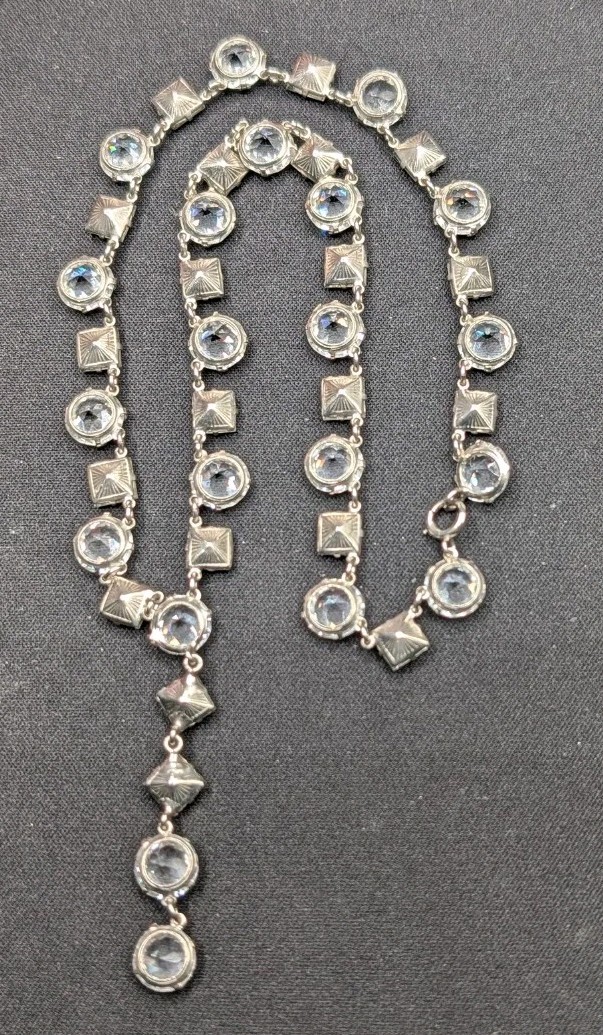 Vintage Y Drop Clear Glass Open & Closed Back Riviere Style Necklace 15″