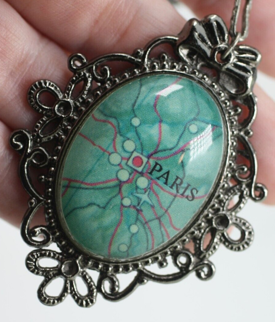 Paris France map travel antiqued silver tone round link chain necklace 24″ long