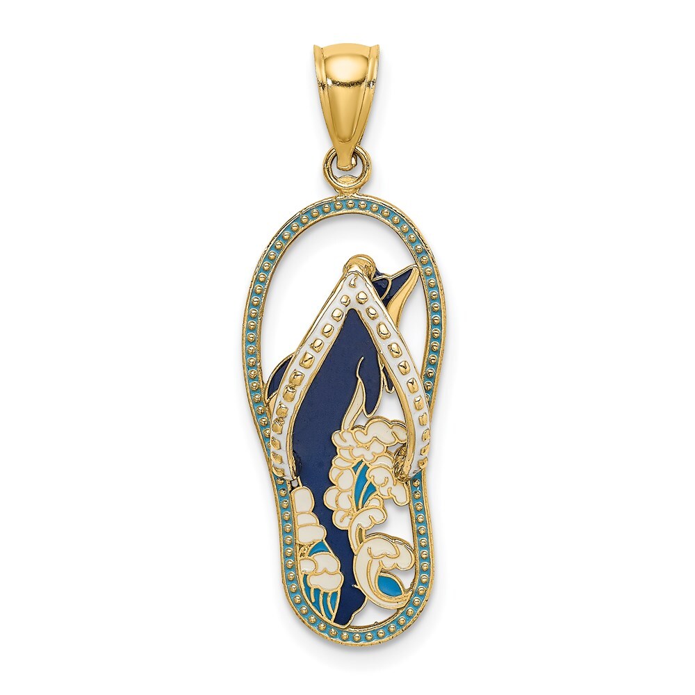 14k Gold Enamel Dolphin Flip-Flop Charm Pendant 1.95g (L- 32.72mm, W-11.65mm)