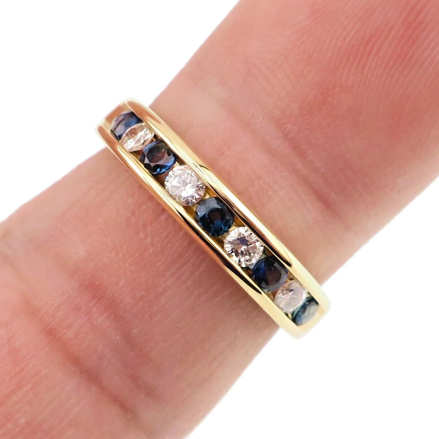 Classic 14k Solid Yellow Gold Natural Blue Sapphire and Diamond Band Ring Size 7
