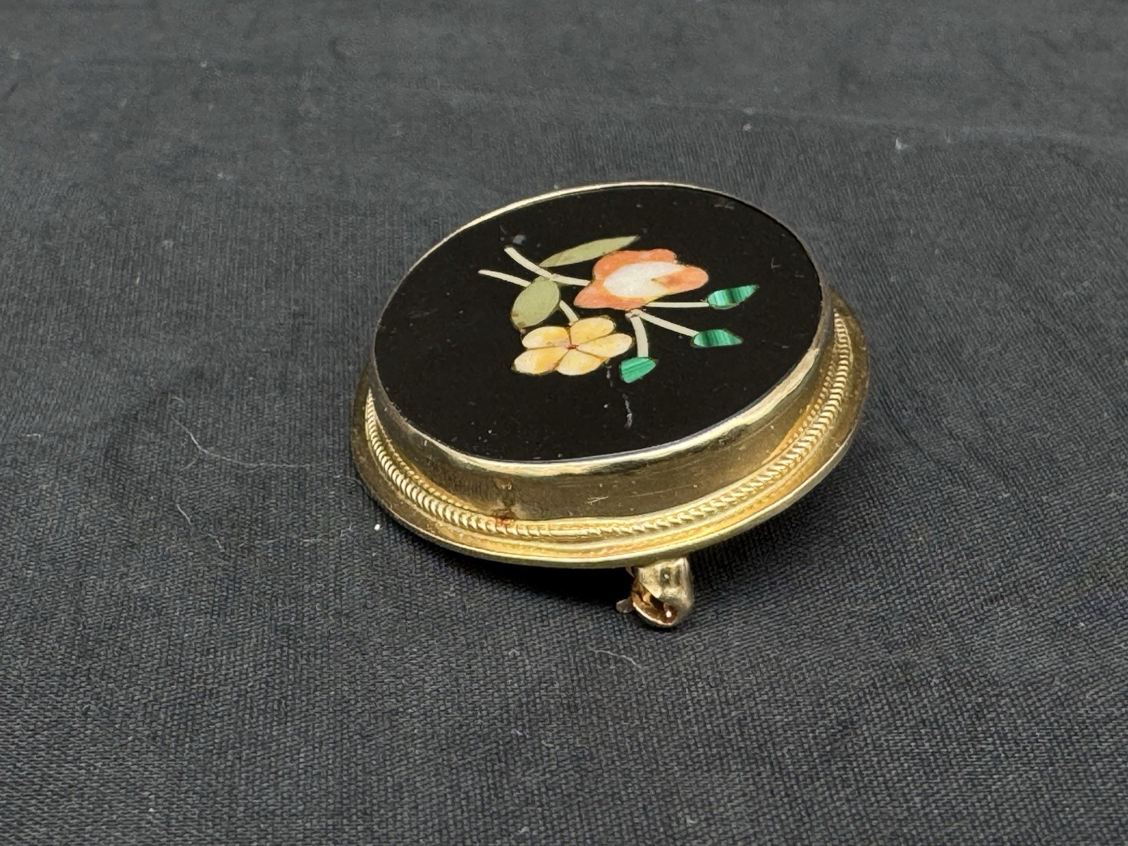 Vintage 14K Gold Pietra Dura Mosaic Multi Stone Floral Brooch Pendant, 7.5 gram