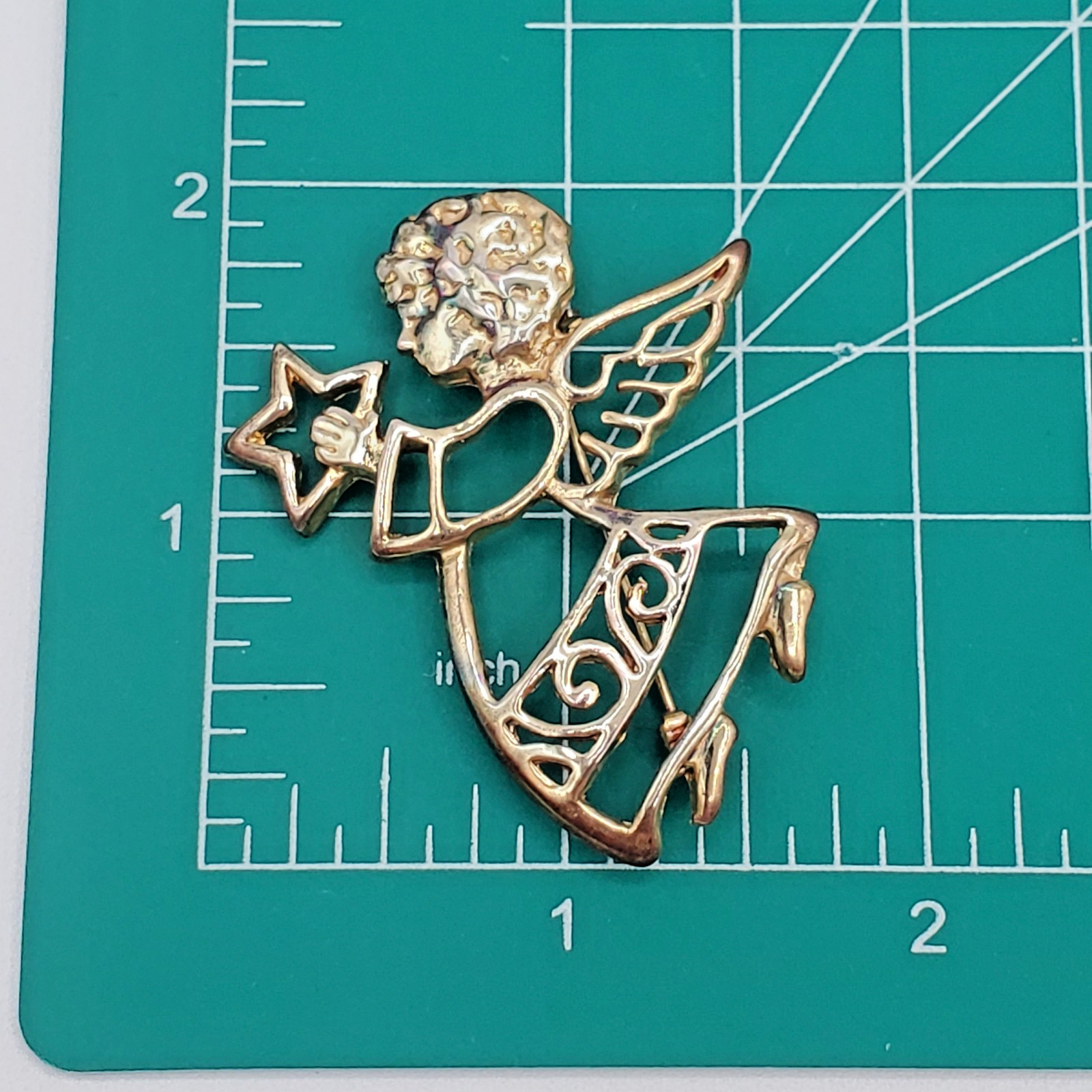 VTG Angel Brooch 2in Gold Tone Angel Star Celestial Open Work Cutout Estate Pin