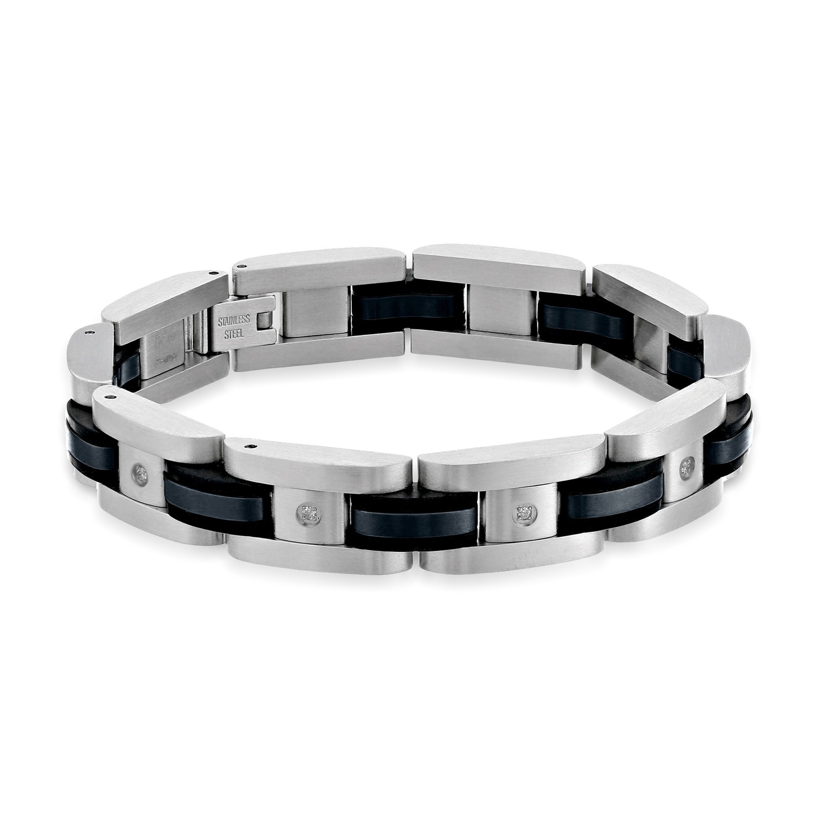 Stainless Steel Link Bracelet with Black Plating and Diamond Accent