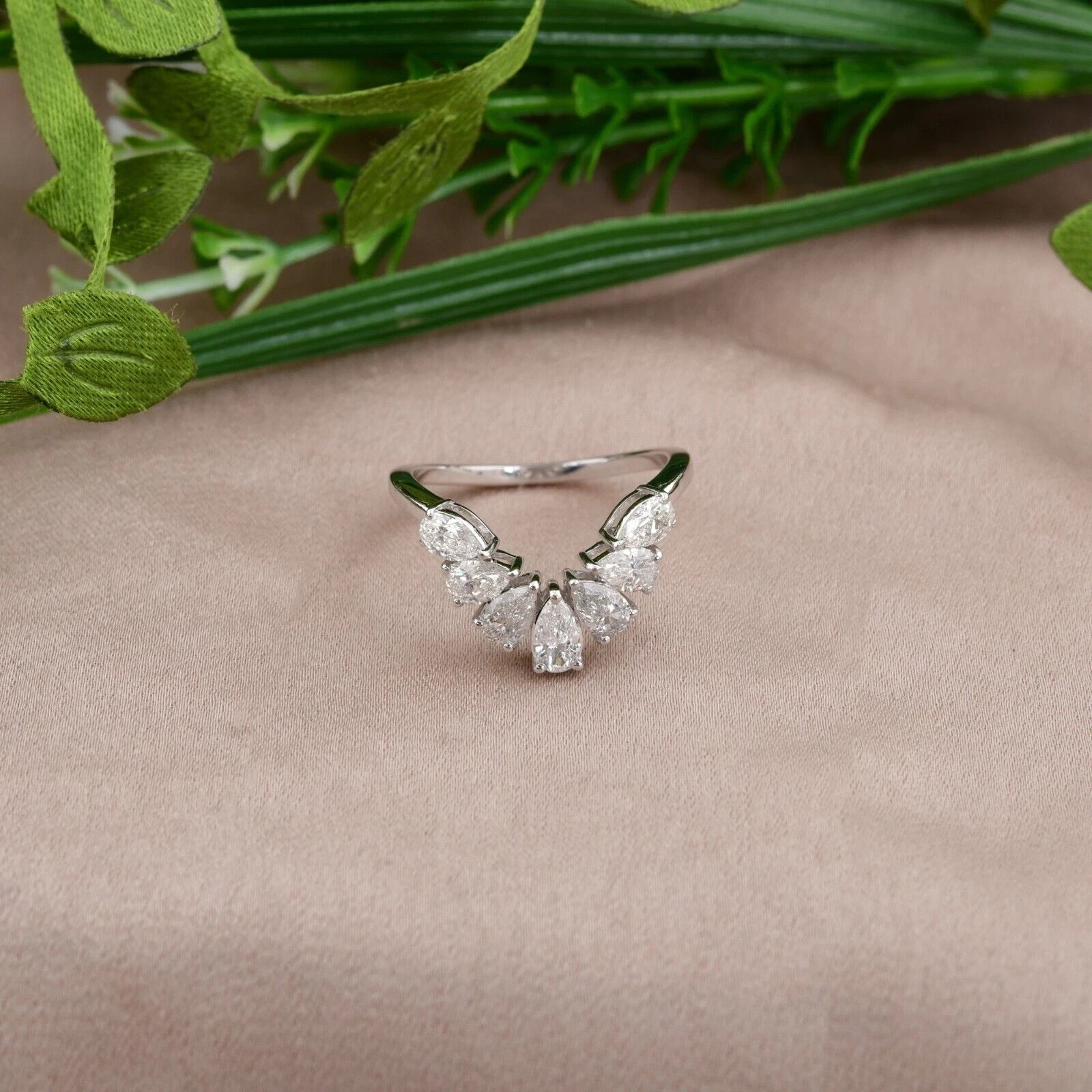 Pear Cut 1.24CT Lab Grown Diamond V Shape Chevron Ring In 10k White Gold Women’s