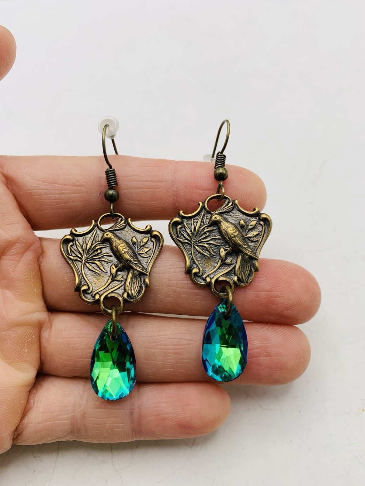 Vintage Style Bronze Art Nouveau Enchanted Bird Rainbow Blue AB Hook Earrings
