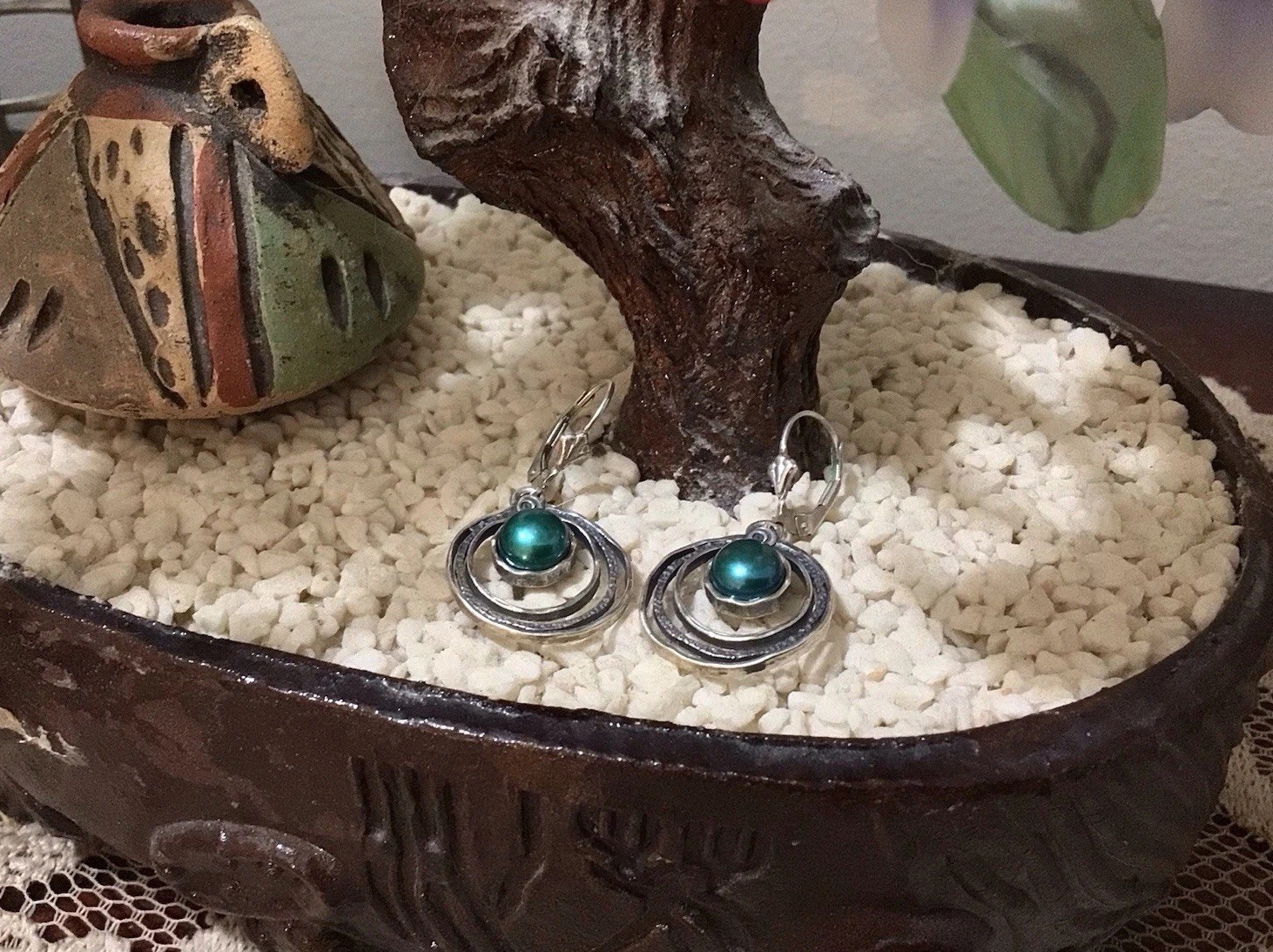 PZ ISRAEL 925 Sterling Silver Cultured Teal Pearl Triple-Circle Earrings 5g EUC
