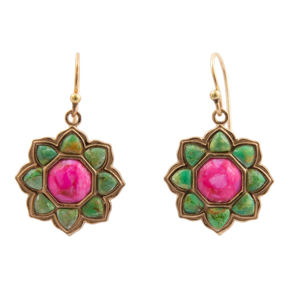 Fresh Fuchsia Pink and Lime Green Turquoise Golden Drop Earrings