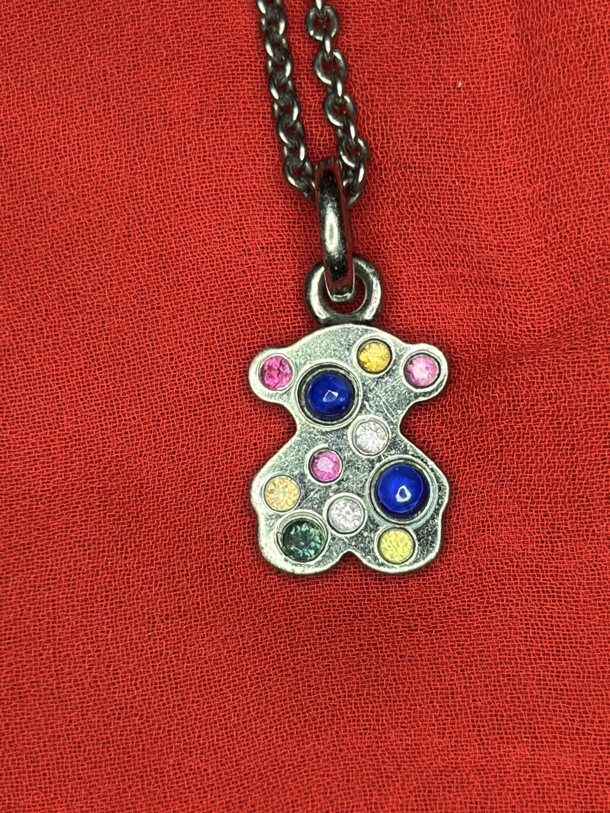 Sterling Silver 925 Tous Teddy Bear Pendant Multi Colored Gemstones & Necklace