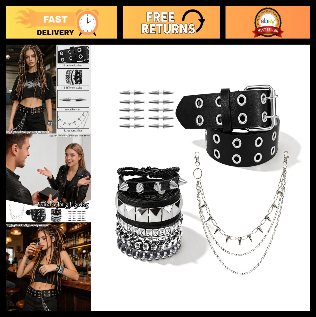 8 Pcs Goth Punk Bracelets & Choker Set, Y2K Emo Black Accessories + 10 Hair Spik