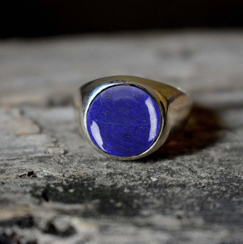 Solid 925 Sterling Silver Natural Lapis Lazuli Round Gemstone Men’s Unisex Ring
