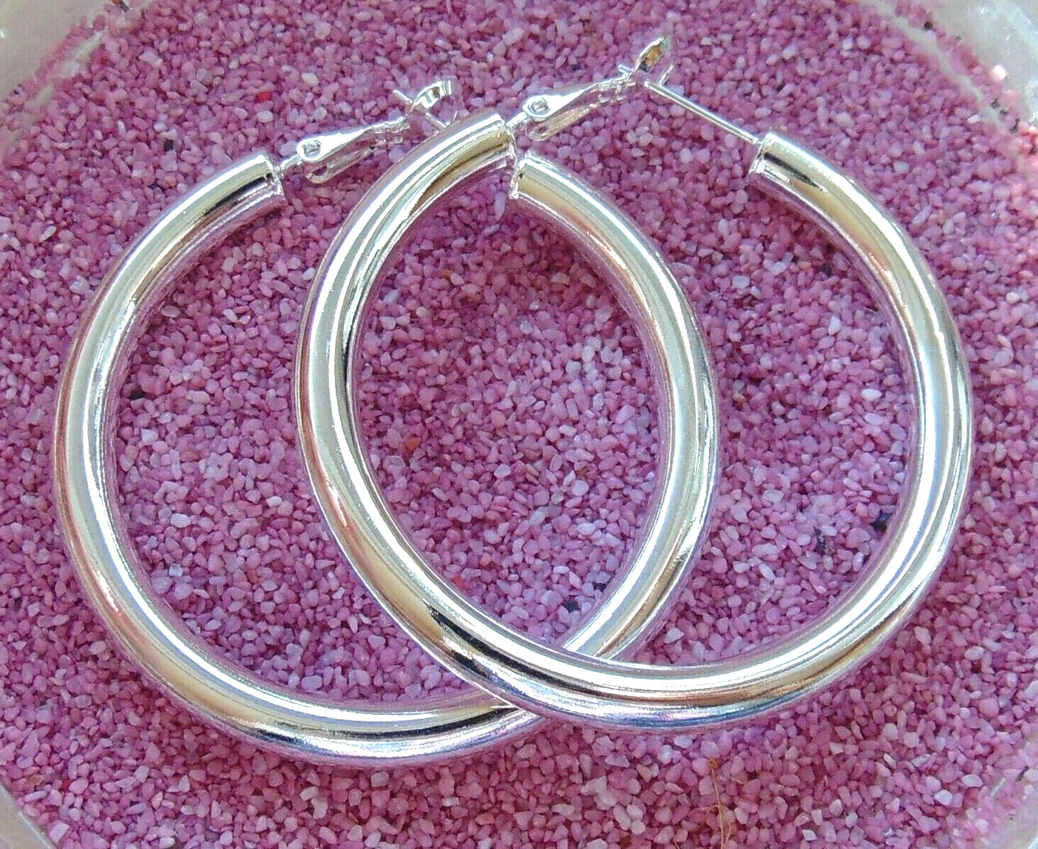925 Silver XXL Hoop Earrings 50mm 5mm Large Round Dangle Mirror Hinged Clasp