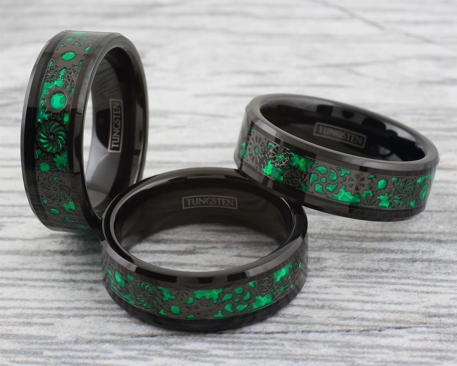 8mm Tungsten Gunmetal Steampunk Clockwork Gears Green Carbon Fiber Wedding Ring