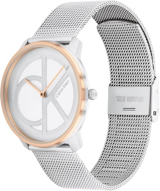 Calvin Klein Iconic Silver/Rose Gold 35mm White Dial Mesh Band Watch