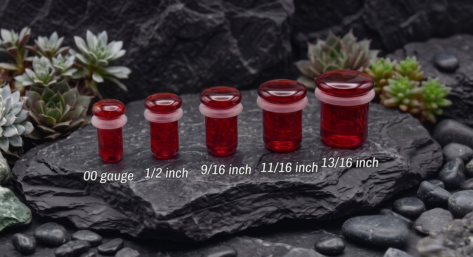 Pairs of Red Glass Single Flare Plugs with O Rings Sizes 8GA-13/16 Inch E610