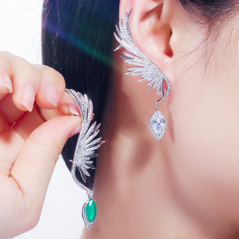 Women Silver Plated Cubic Zircon Dangle Drop Long Feather Wing Ear Cuff Earrings
