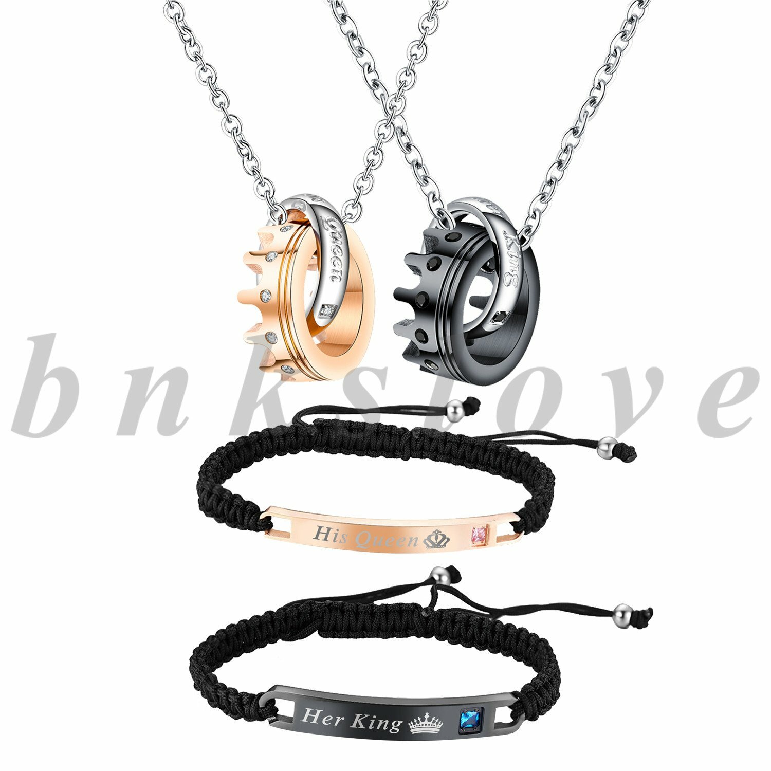 His Queen Her King Couple Jewelry Sets Hand Braided Bracelet Crown Ring Necklace