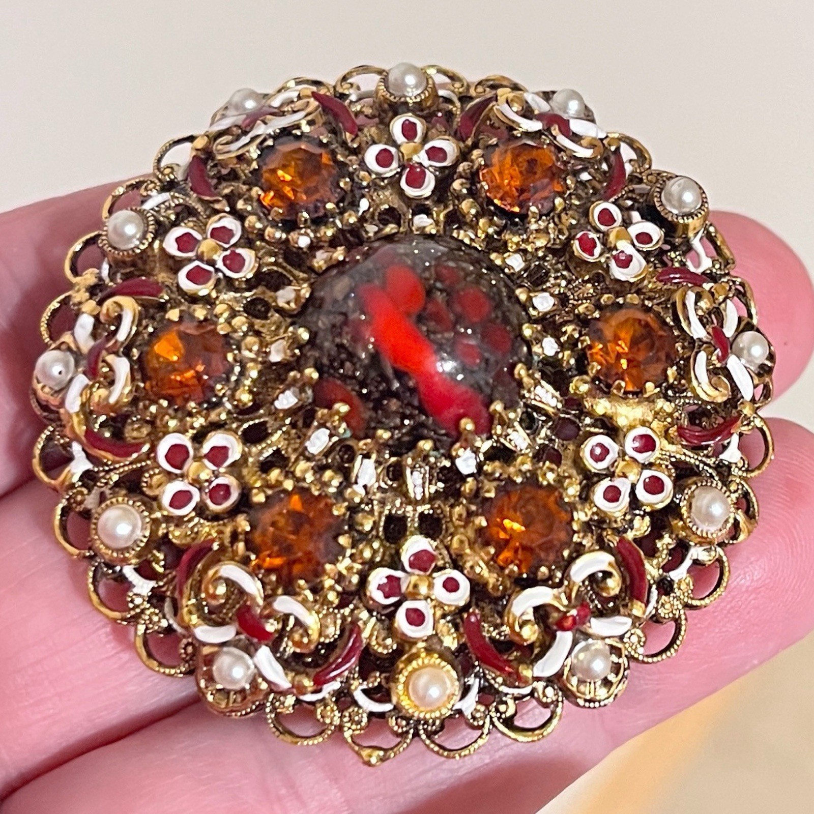 Vintage Brooch Signed Made in Austria Rhinestone Filigree Enameled 1960s